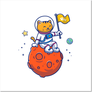 Cute Cat Astronaut Sitting On Moon With Flag Posters and Art